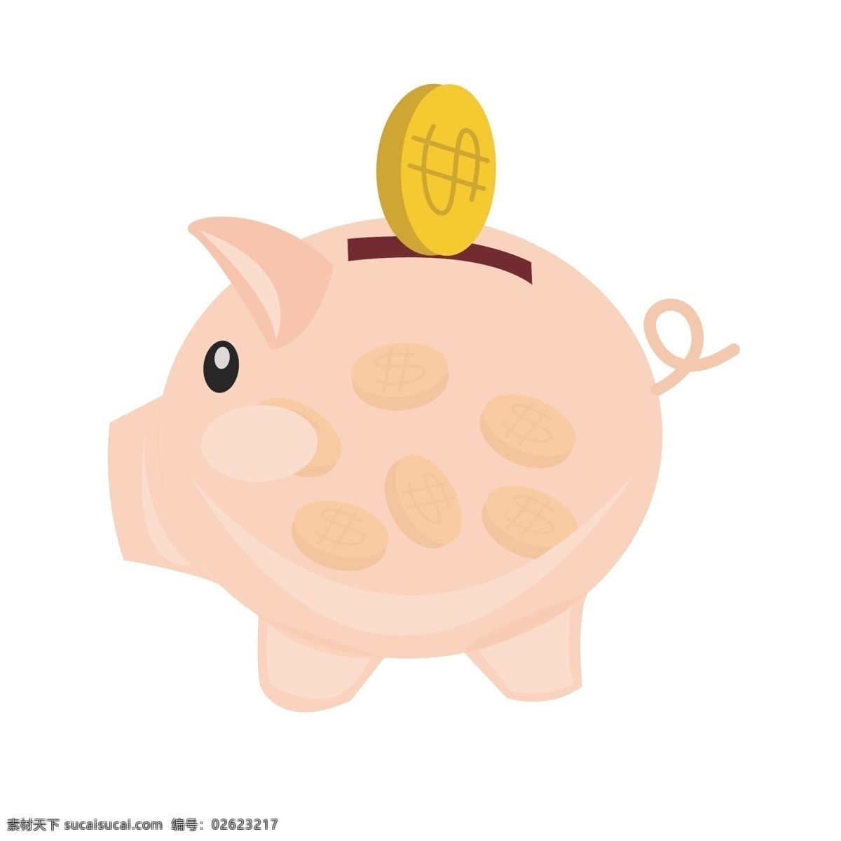 手绘 金融 小 猪 插画 金融存钱罐 金色的钱币 卡通插画 手绘金融插画 金融小物插画 胖胖的小猪