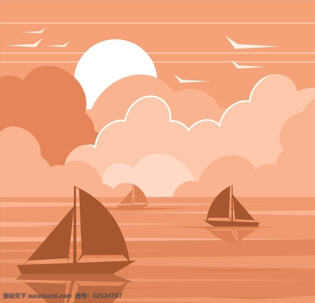 夕阳下的小船 船 小船 矢量小船 太阳 森林 大海 起航 一帆风顺 远行 夕阳 手绘小船 底纹边框 背景底纹