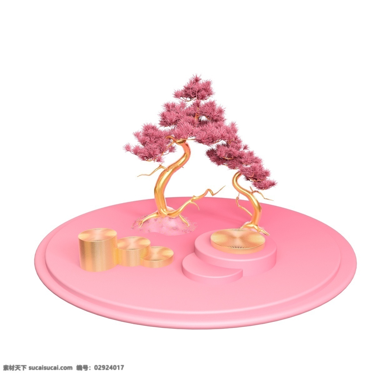 立体松树舞台 粉色 金色 松树