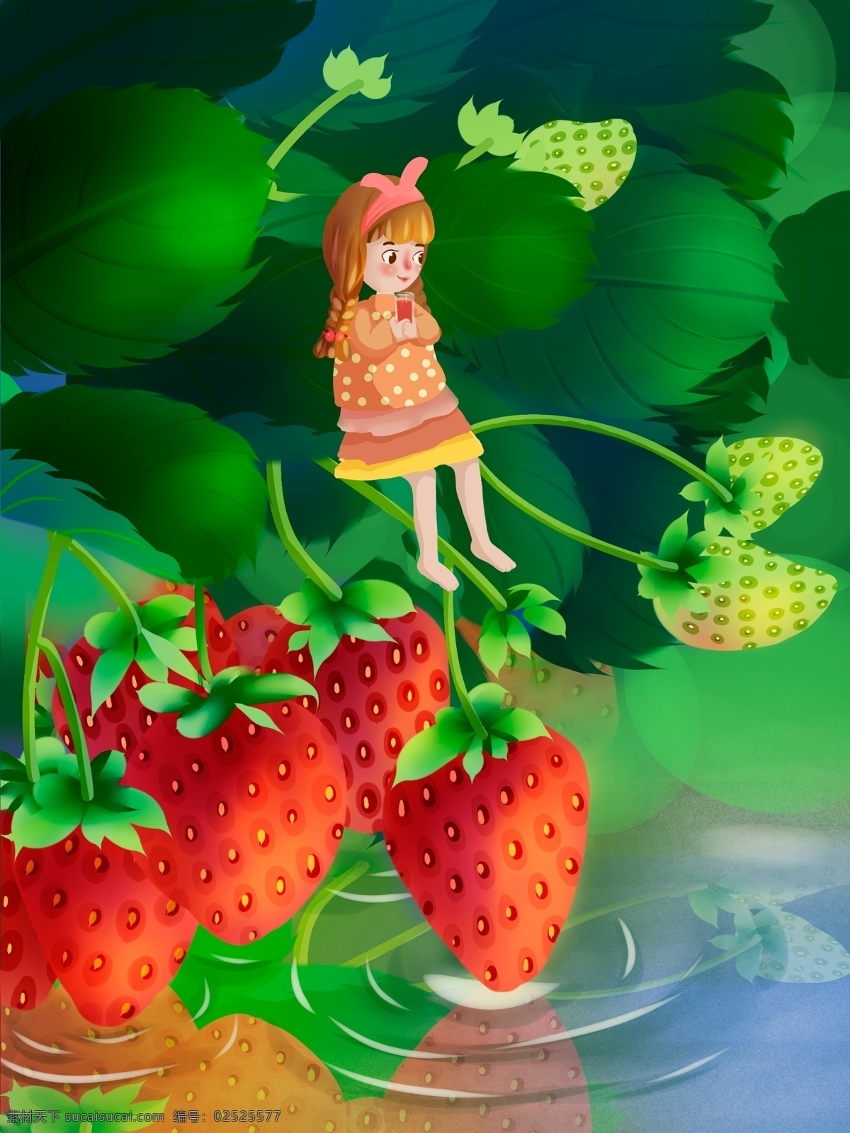 创意 水果 插画 女孩 坐在 水边 草莓 叶子 上 喝 果汁 创意水果插画 红色草莓 草莓叶子 水面 喝果汁的女孩