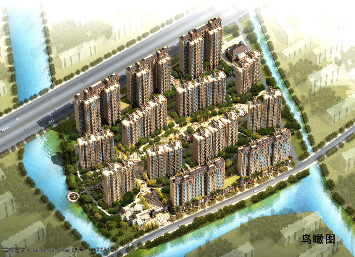 房地产 高楼 公路 河流 环境设计 建筑设计 楼房 欧式风格 小区鸟瞰图 住宅区 小区 住宅 整体鸟瞰 日景 效果图 家居装饰素材