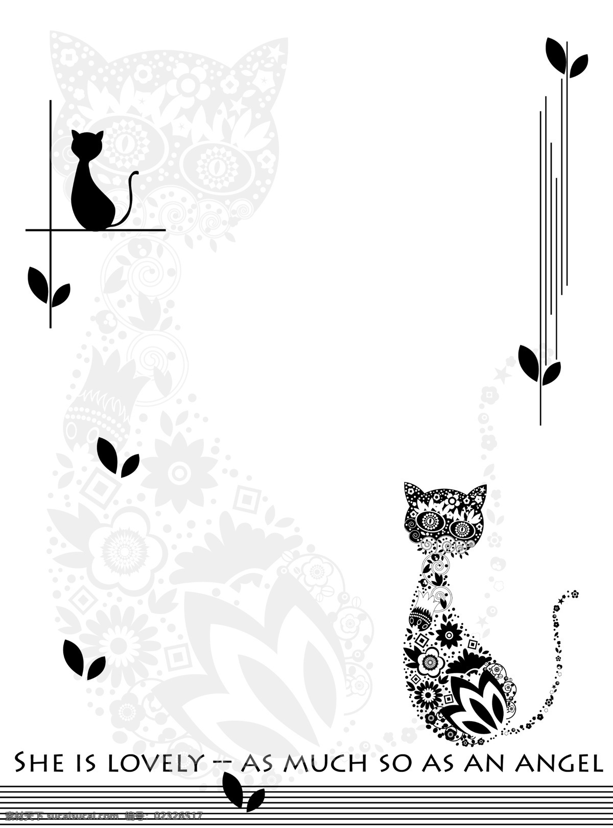 猫之爱 黑 白 猫 英文 底纹猫 小叶 移门图案 底纹边框