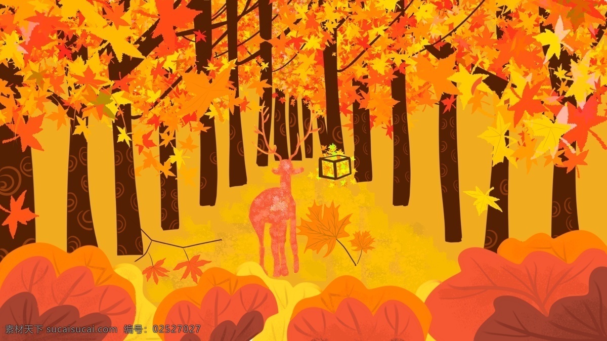 立秋 秋天 节气 插画 唯美 林中 鹿 金黄色 秋季 八月 节气插画 林中的鹿