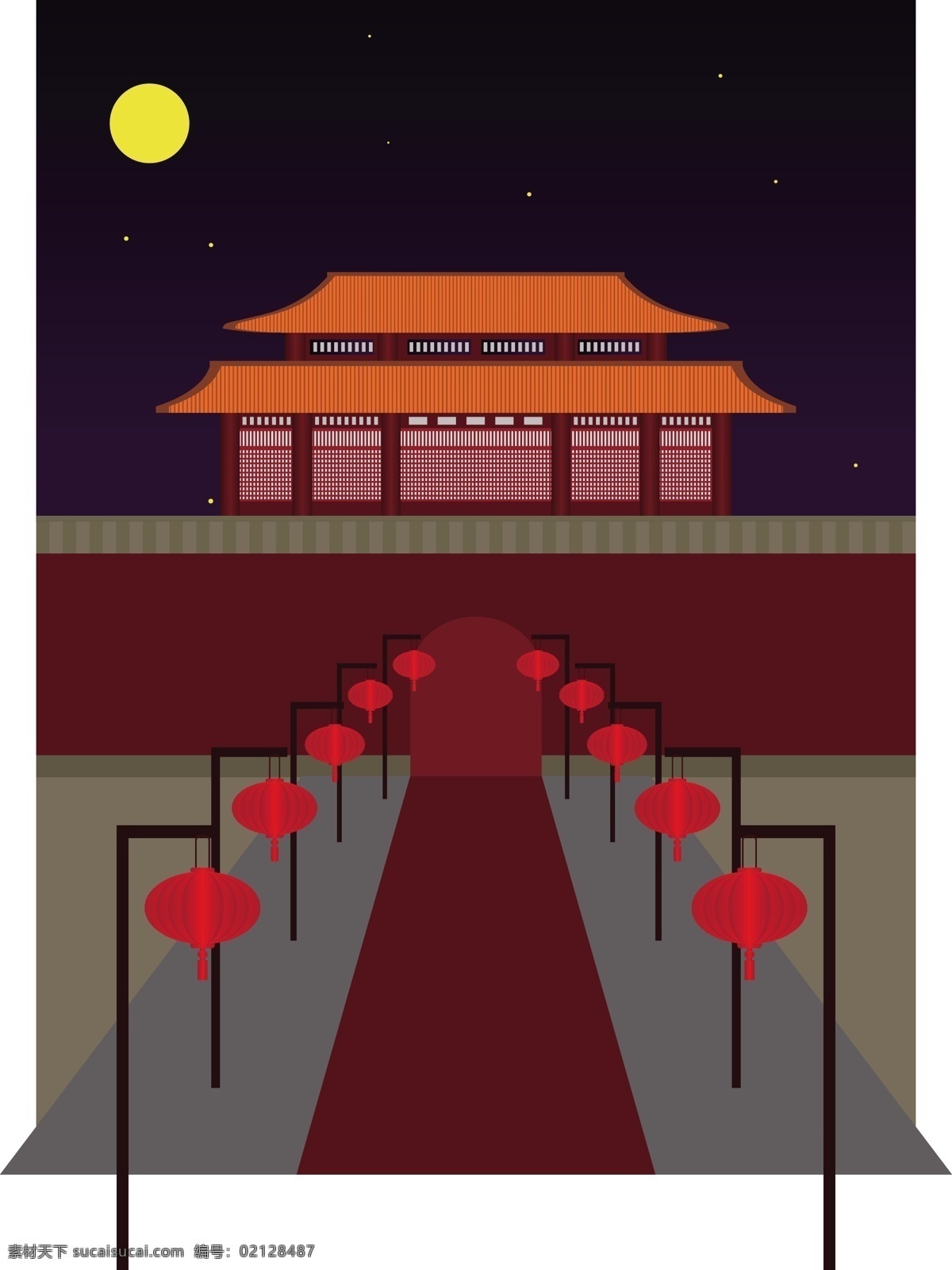 故宫 宫墙 建筑 插画 圆月 灯笼