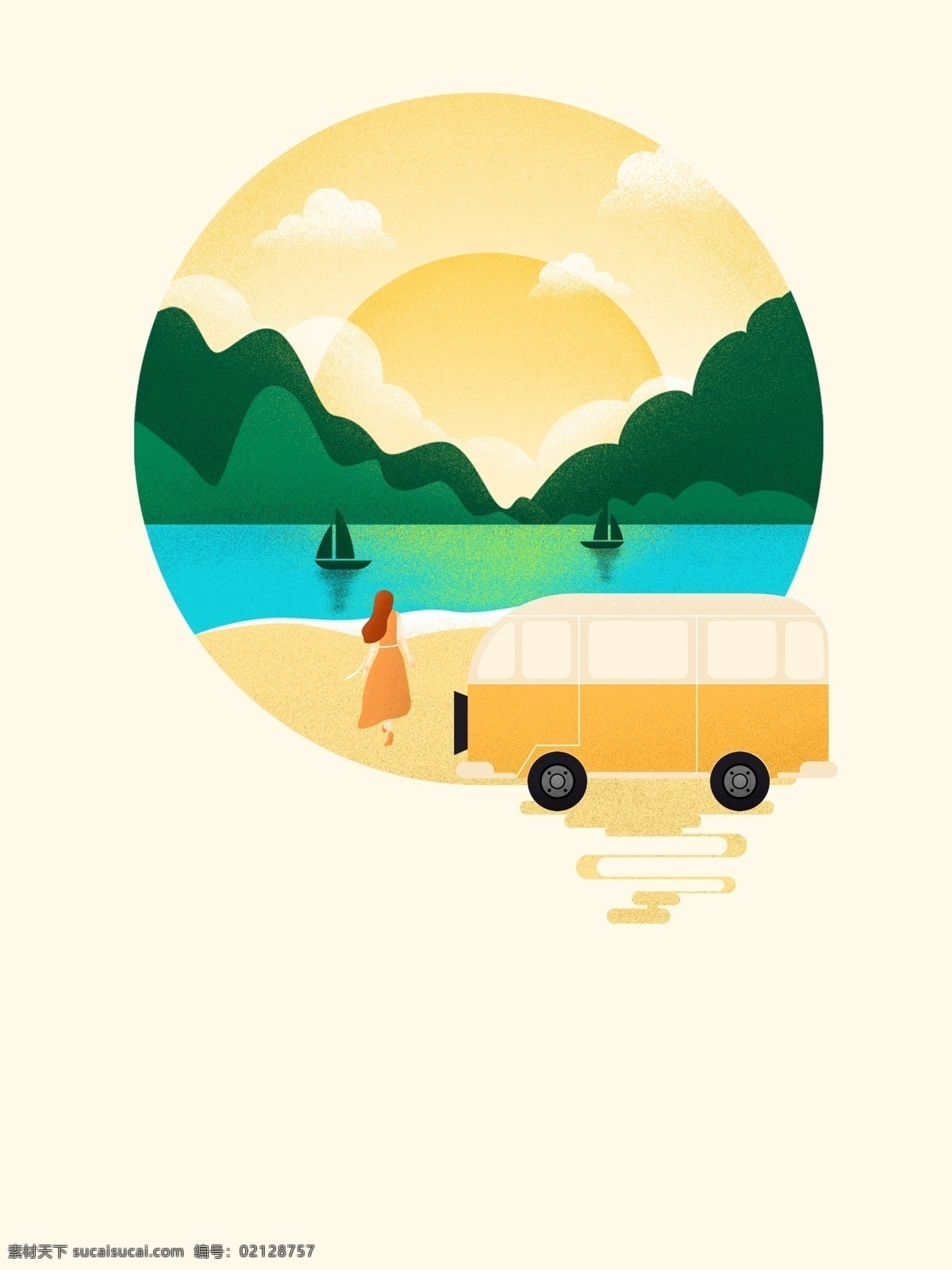 手绘 清新 湖边 汽车 广告 背景 广告背景 山峰 夕阳 少女 玩耍