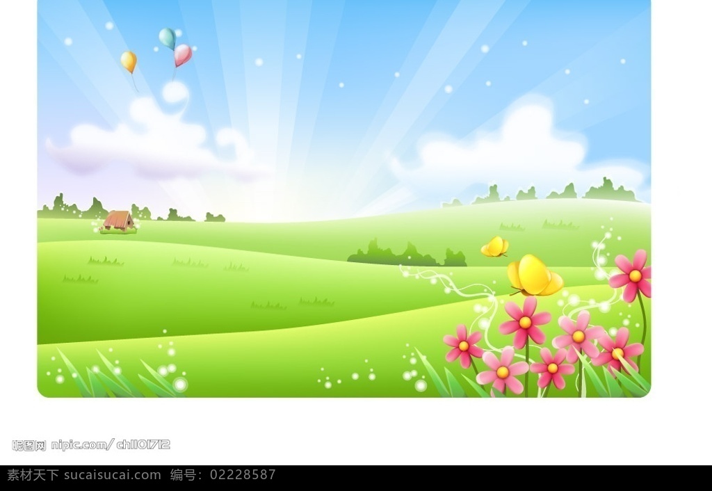 春天风光 草地 鲜花 蝴蝶 气球 小屋 自然景观 风景名胜 矢量风景 矢量图库