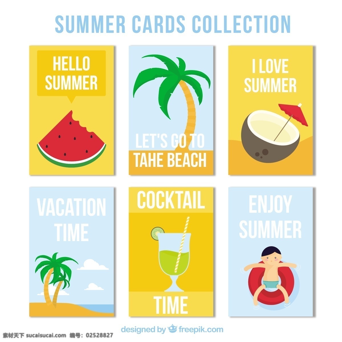 夏季 元素 平面 扁 牌 树 卡 模板 海 海滩 色彩 假日 人 公寓 饮料 棕榈树 平面设计 贺卡 椰子 棕榈 装饰 度假