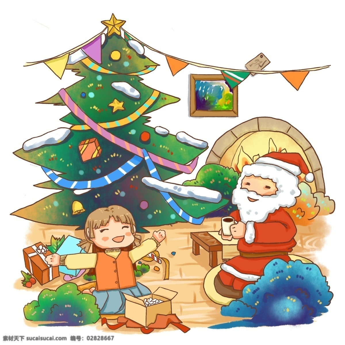 圣诞节 商业 元素 圣诞老人 场景 开 礼物 壁炉 圣诞树 圣诞礼物 礼物盒 开礼物 圣诞习俗