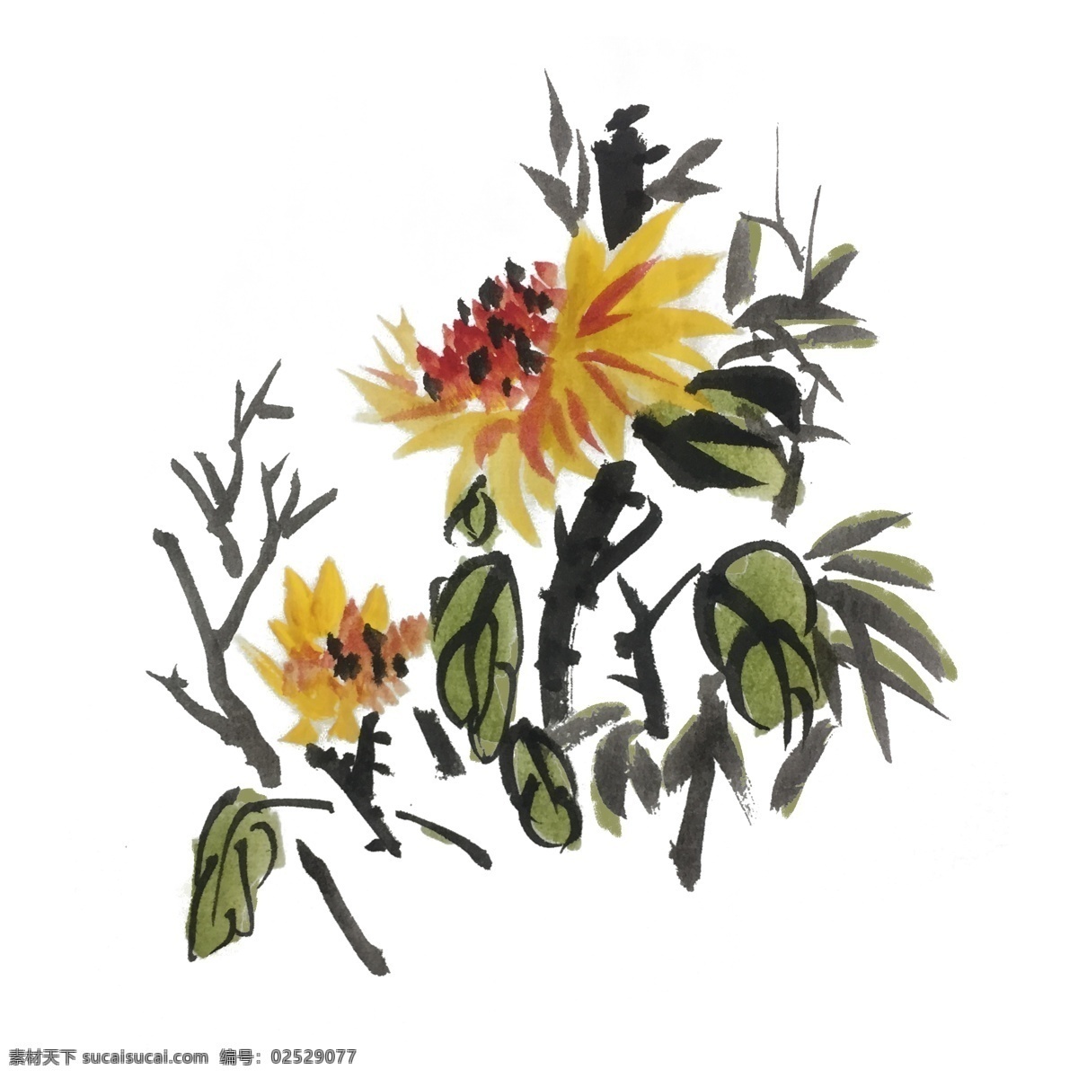 夏天 水墨 向阳花 手绘 插画 夏季 向日葵 水果 中国风 古风 水墨风 墨迹 彩色 春天 生动 花草 国风 国画