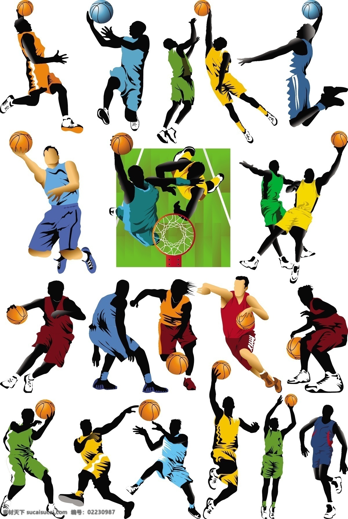 篮球运动员 篮球 打篮球 运球 跳投 投篮 扣篮 运动员 人物 剪影 体育 运动 矢量素材 职业人物 体育运动 文化艺术 矢量