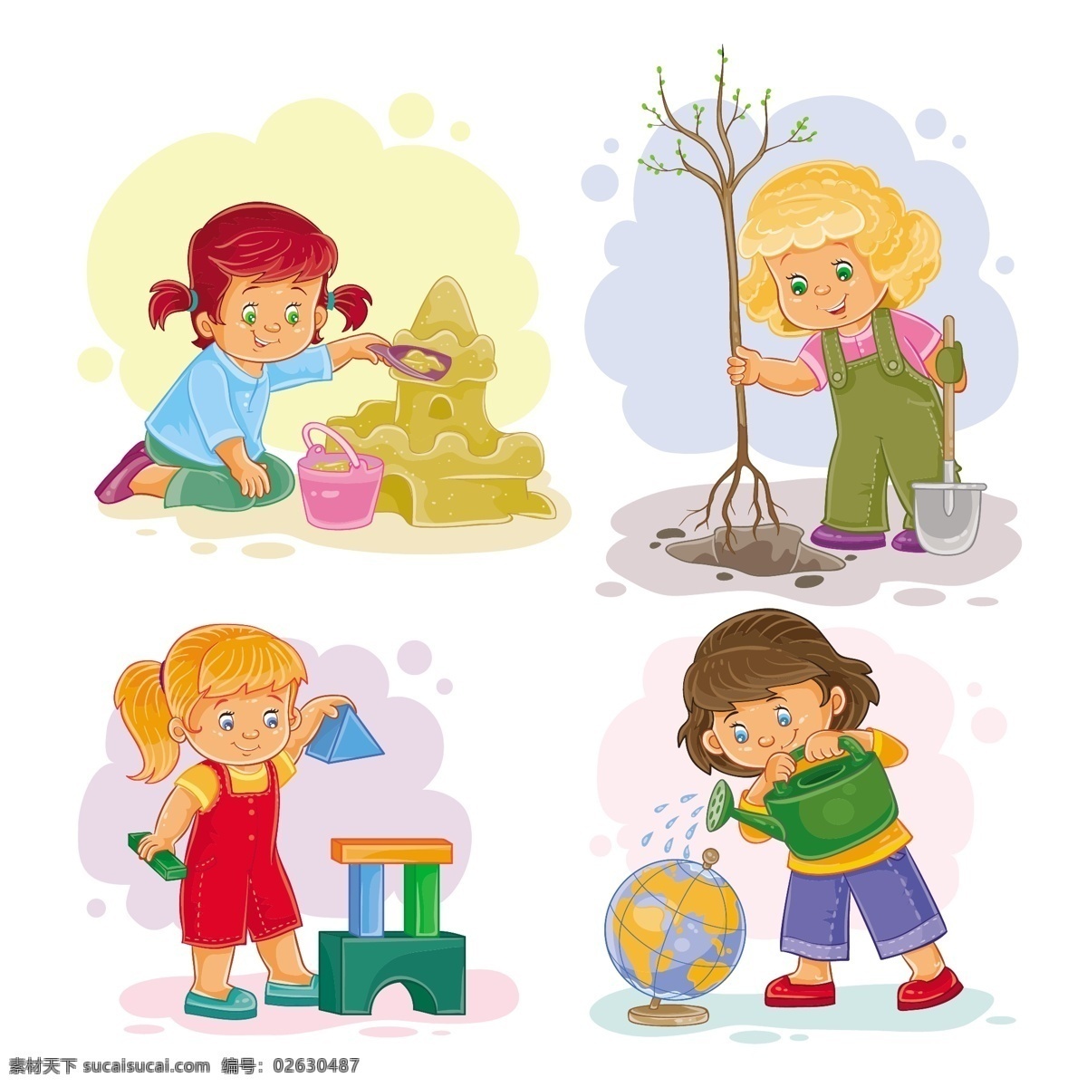 组 卡通 小女孩 玩 玩具 矢量 小孩 女孩 城堡 孩子 童年 可爱 插图 插画 手绘 喜悦 玩沙 种树 搭积木 浇水 儿童 动漫动画 动漫人物