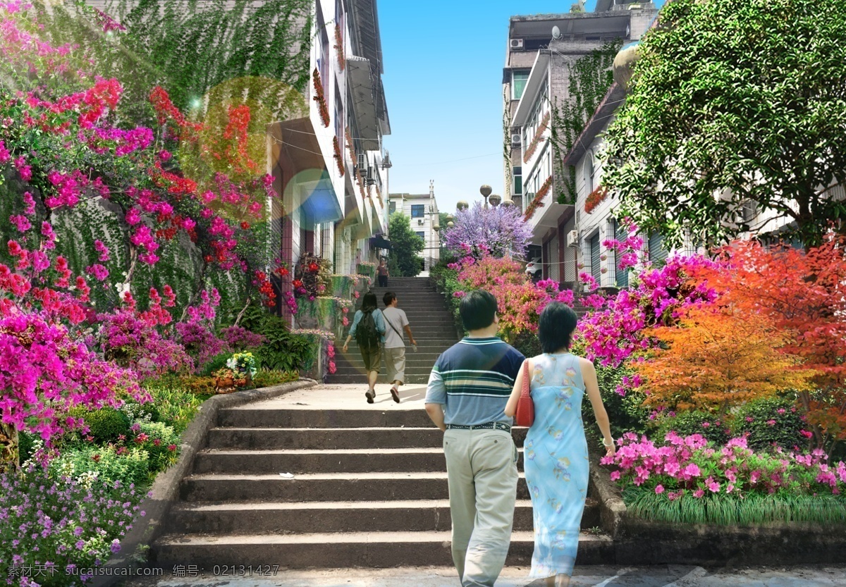 城镇 改造 效果图 城镇改造 鲜花 攀爬植物 围墙 阶梯花池 三角梅 乡村改造 环境设计 景观设计