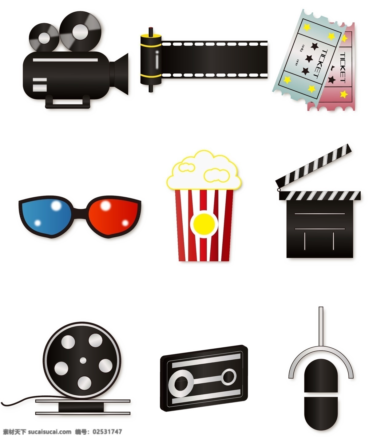简约 时尚 电影 相关 图标 元素 电影图标 摄像机 爆米花 眼镜 电影票 磁带
