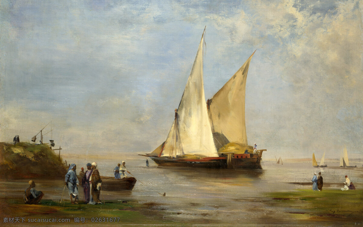 草 船 帆船 房子 风景 风景画 风景油画 河 油画设计素材 油画模板下载 油画 西方油画 世界名画 英国油画 油画风景 经典油画 树木 人物 帽子 木头 木屋 石头 河水 小河 芦苇 天空 绘画书法 文化艺术 装饰素材 山水风景画