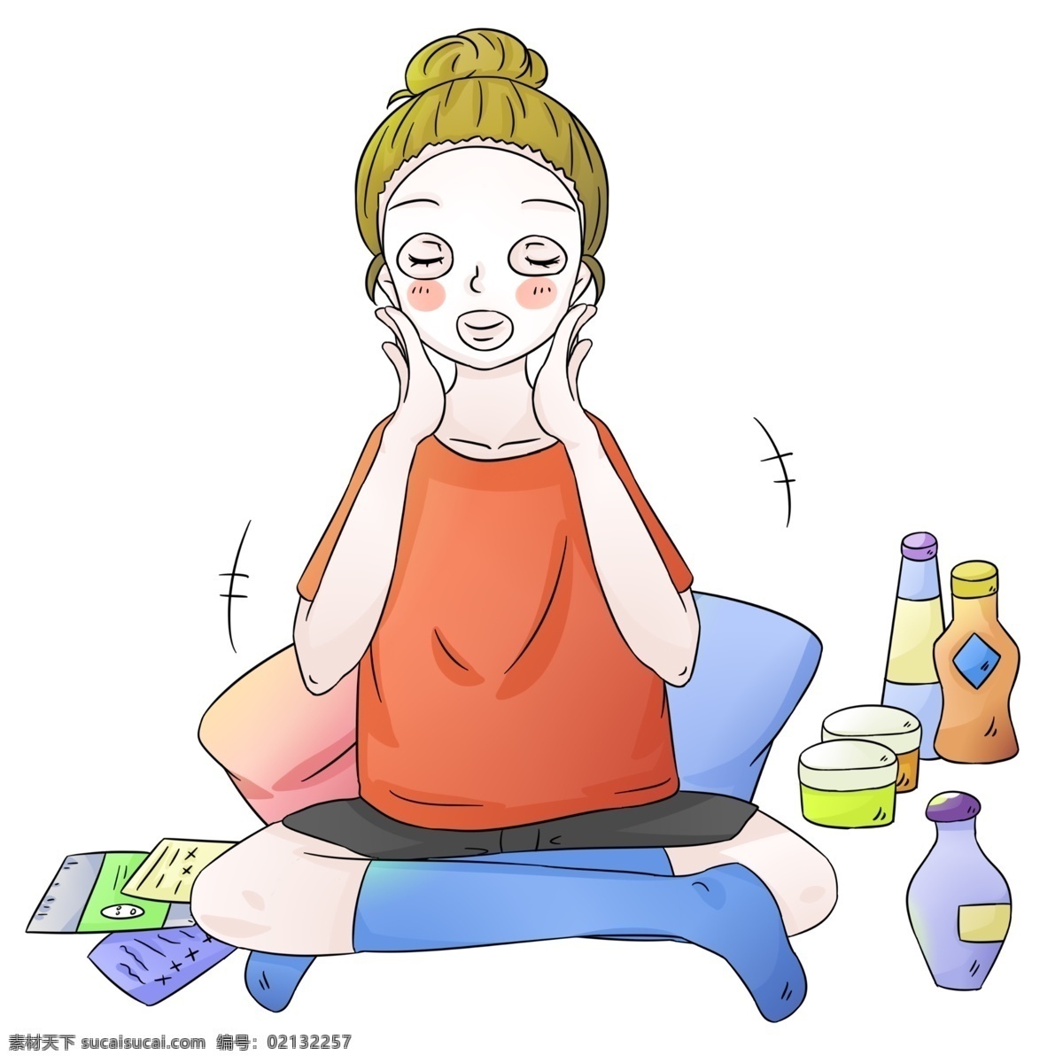 美容 美女 人物 插画 手绘美容美女 做面膜 敷面 面部护理 美容养颜 美容用品 卡通 卡通人物插画