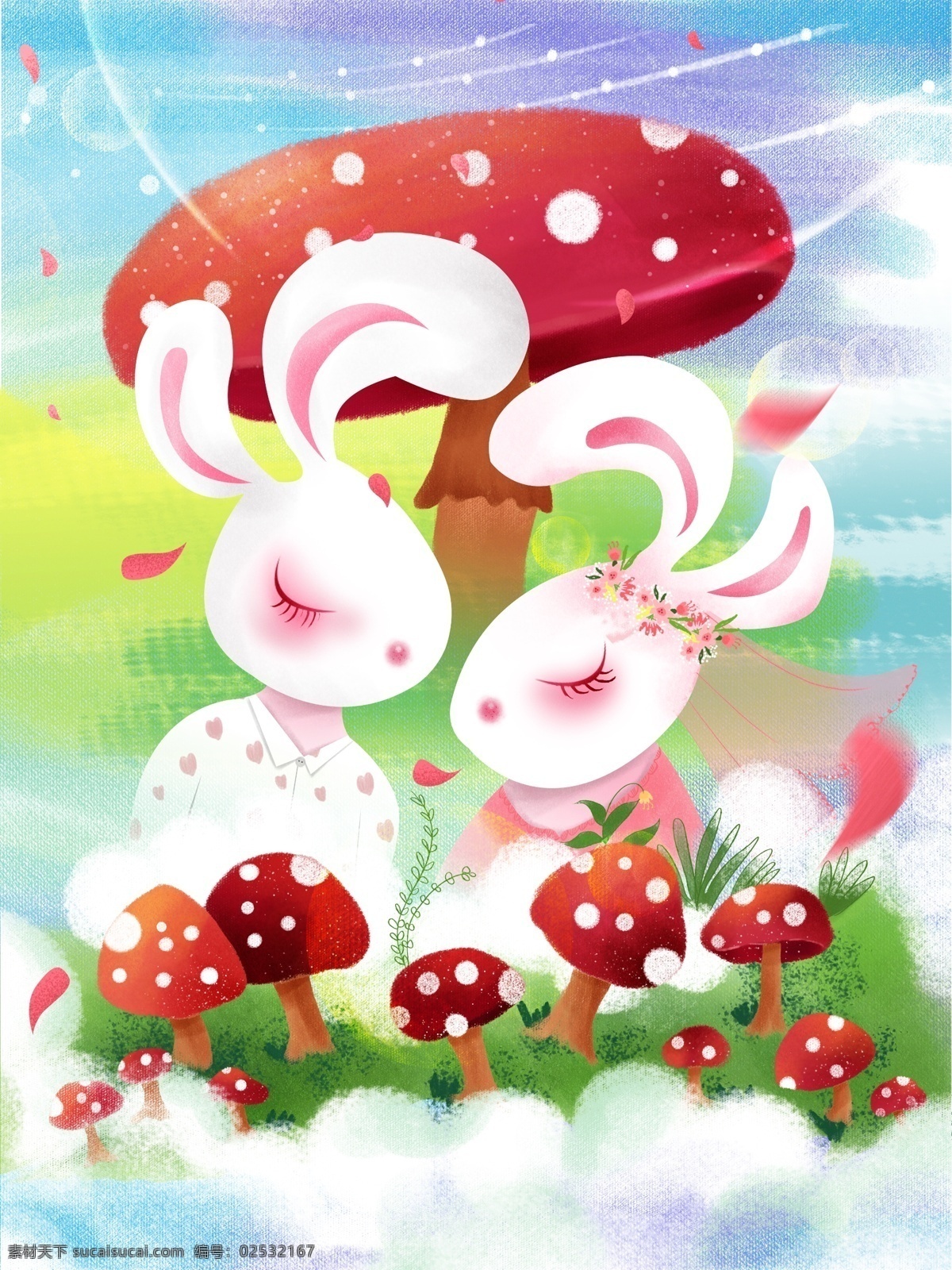 爱 七夕 情侣 兔 恋爱 场景 爱情 兔兔 白兔 蘑菇 爱在七夕 插画 手绘