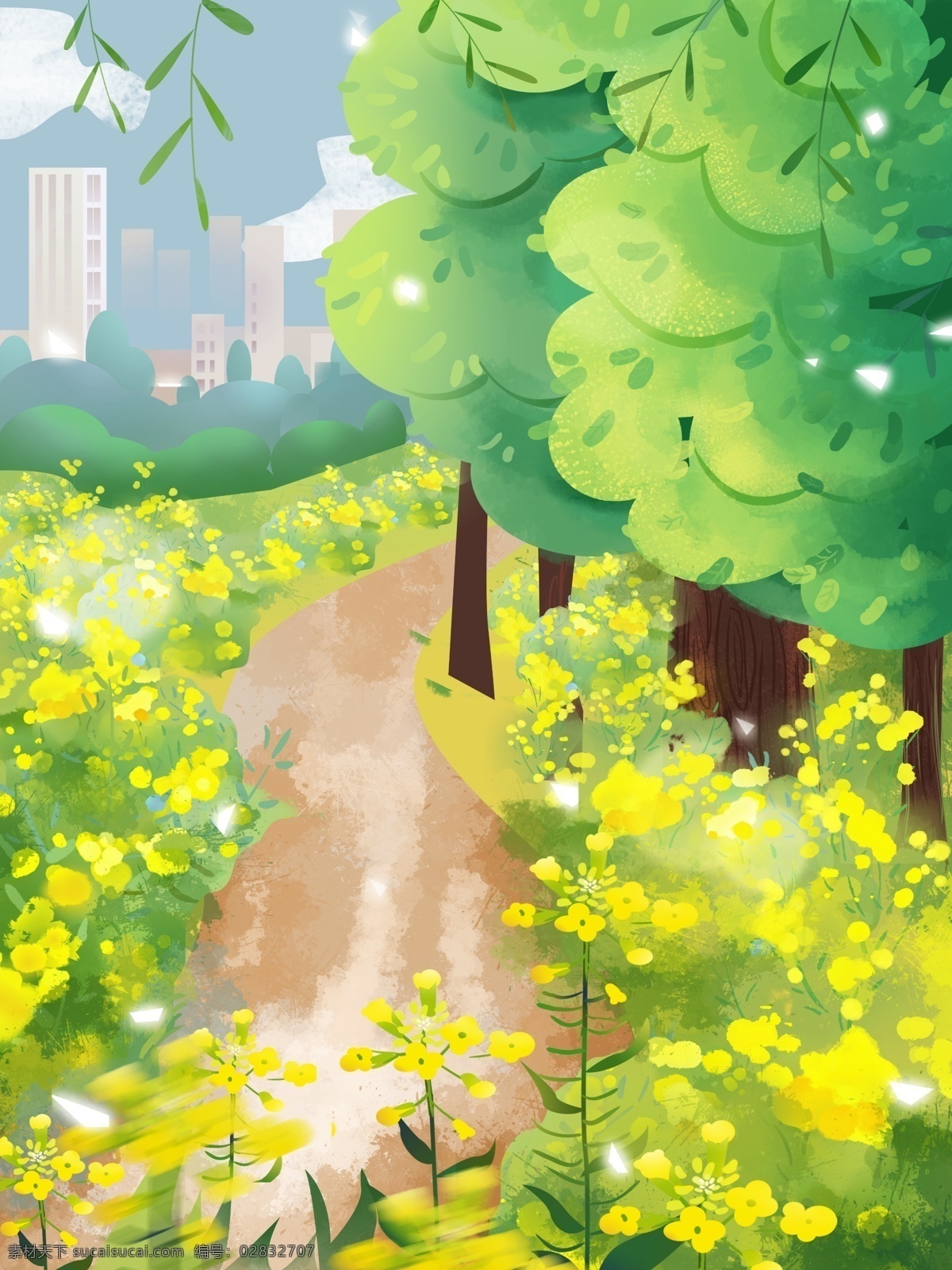 彩绘 春季 油 共 花海 背景 树林 油菜花海 春天 油菜花 清明时节 广告背景 彩绘背景 psd背景 特邀背景 促销背景 背景图