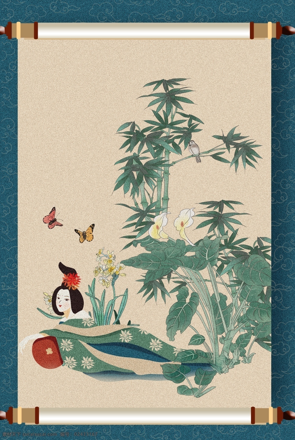 中国 风 花鸟 仕女图 深蓝色 画卷 中国风 复古 古典 素雅 工笔画 仙女 嫦娥 蝴蝶 卷轴 书卷 深蓝色画卷
