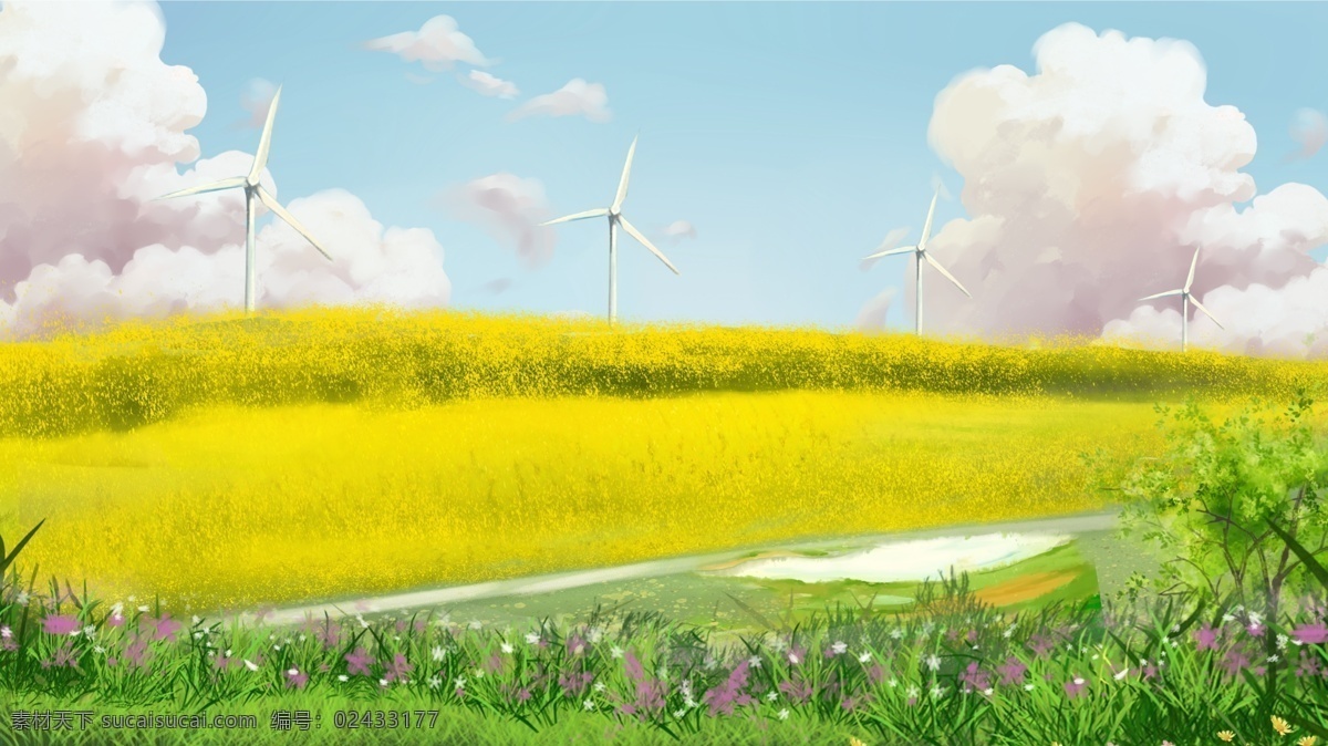 手绘 河边 春天 风景 插画 背景 植物背景 psd背景 花卉背景 通用背景 卡通背景 风景插画背景 河边风景