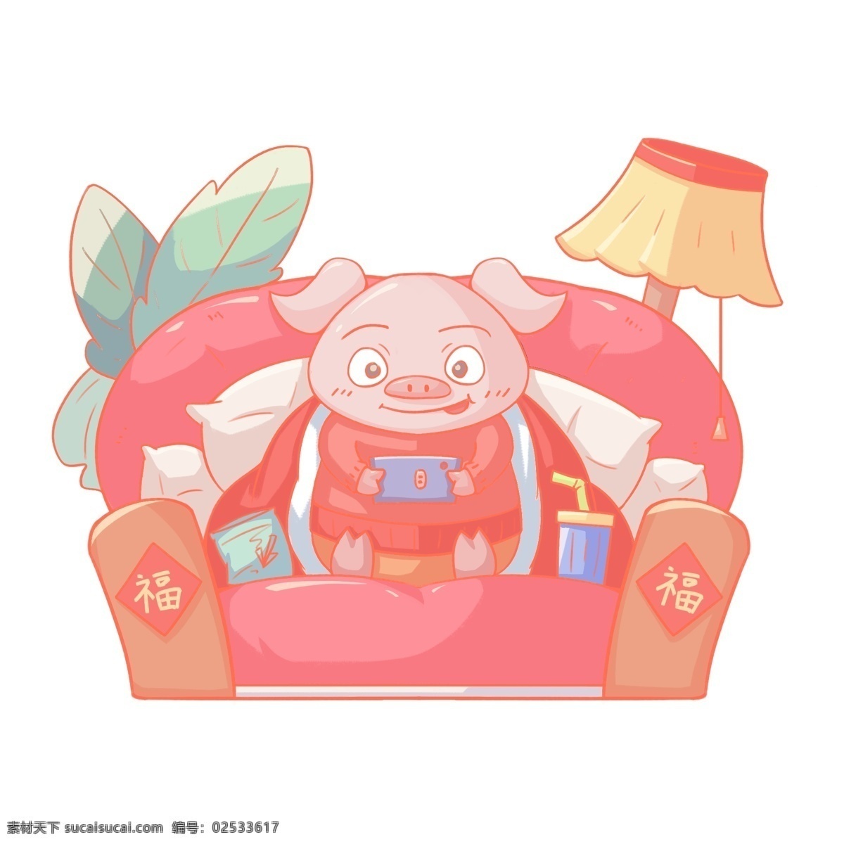 2019 农历 新年 猪年 过年 宅 家 玩 手机 小 猪 新年快乐 人物 玩手机 猪年大吉 小猪 卡通手绘风格 过年宅家