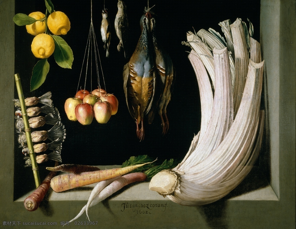 水果 疏菜 静物 油画 超 写实主义 fruit and vegetables game with life still juan cotan sanchez 写实 果蔬 名家 酒店 装饰画 装饰素材