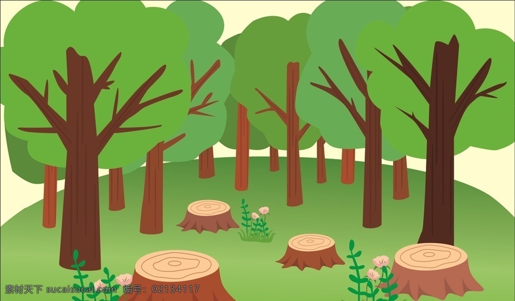 卡通森林 卡通深林 矢量深林 树桩 树林 草地 卡通设计