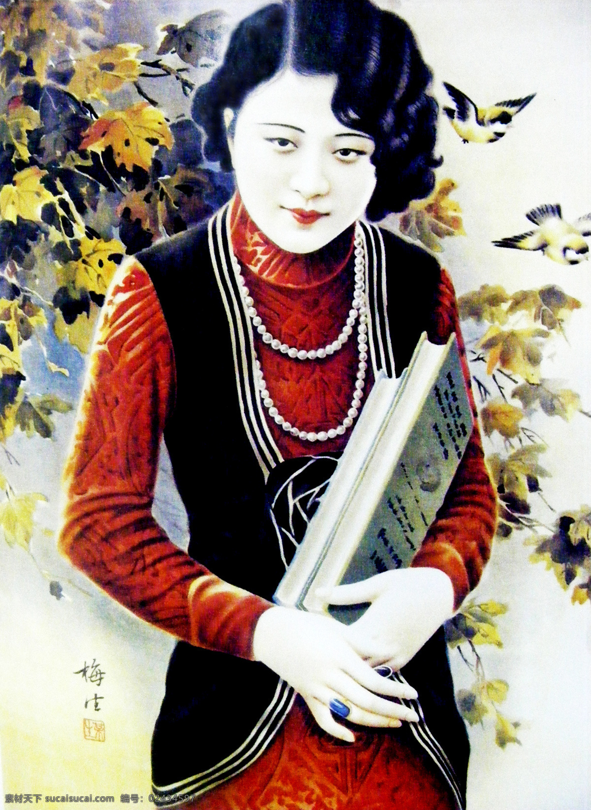 老上海月份牌 老上海 月份牌 美女 旗袍 旗袍美女 瑰宝 文化艺术 绘画书法 设计图库
