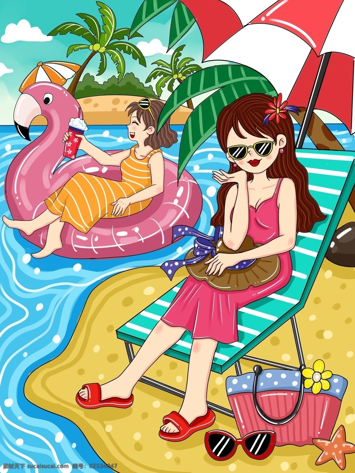 原创 清新 时尚 海边 旅游度假 卡通 插画 旅游 度假 微博 微信