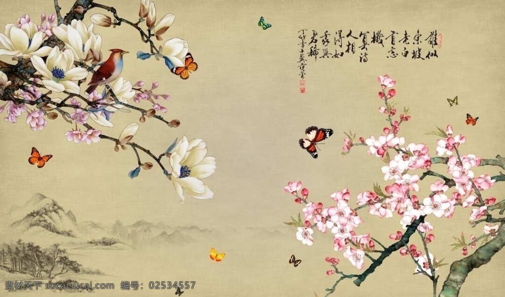 东坡兰花 玉兰花 梅花 桃花 蝴蝶 山水 中国风 背景墙 背景墙移门 环境设计 其他设计