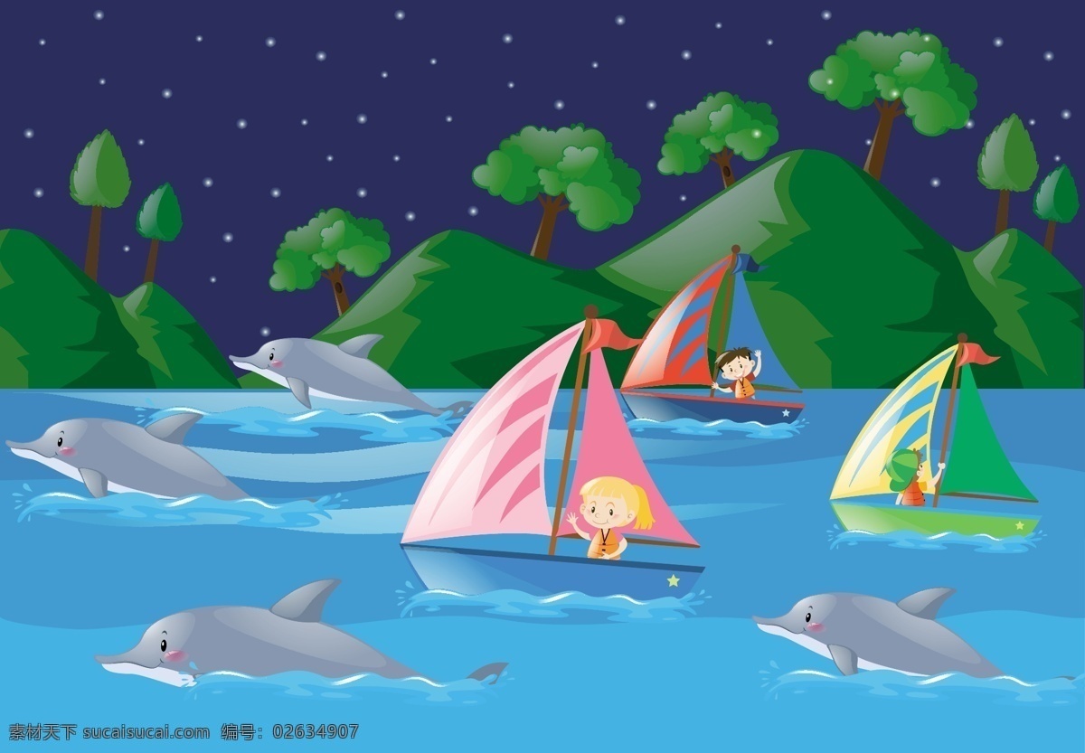 河边 航行 孩子 背景 树 墙纸 颜色 船 多彩的背景 夜晚 树木 河流 海豚 五颜六色 船帆 帆船 背景色 彩色