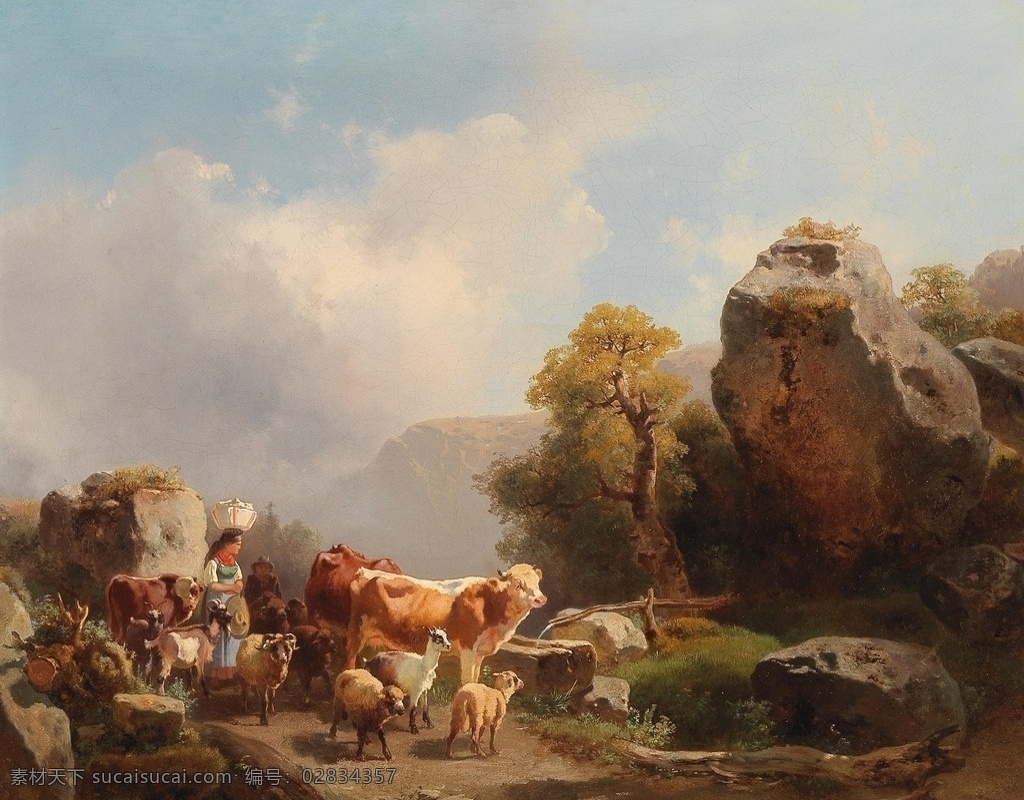 牧羊女 乡村 牧羊 奶牛 放牧 年轻女子 交谈 19世纪油画 油画 文化艺术 绘画书法