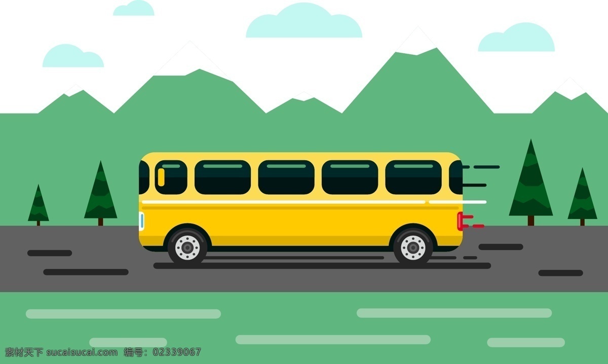 风景旅游大巴 绿色 旅游 黄色大巴 卡通大巴车 黄色卡车 动漫动画 风景漫画