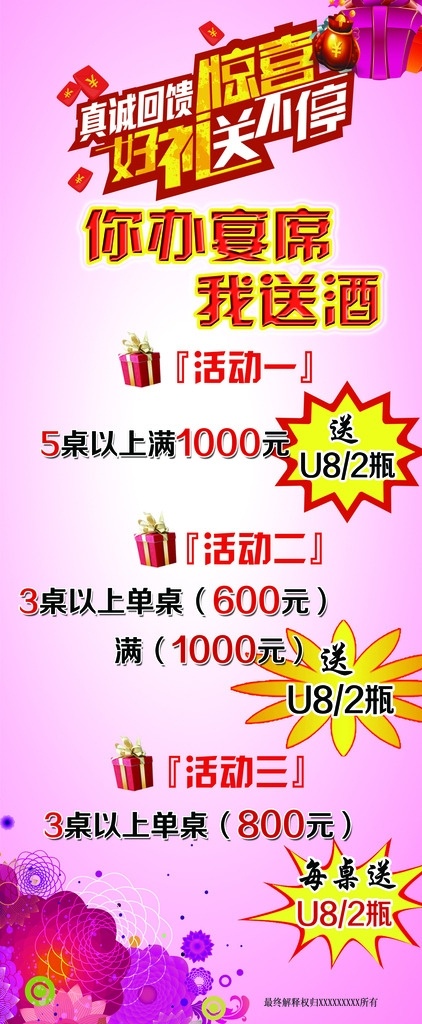 活动展架 粉红色底 中间渐变白 三种形状 真情回馈题 惊喜字体 可改动文字 各种花形 礼包 红包 隐藏图案 花形 星光等 分层 背景素材