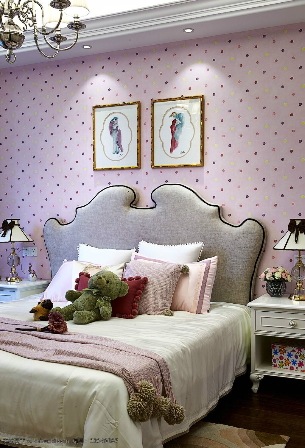 法式 浪漫 卧室 挂画 台灯 装修 效果图 温馨 粉色