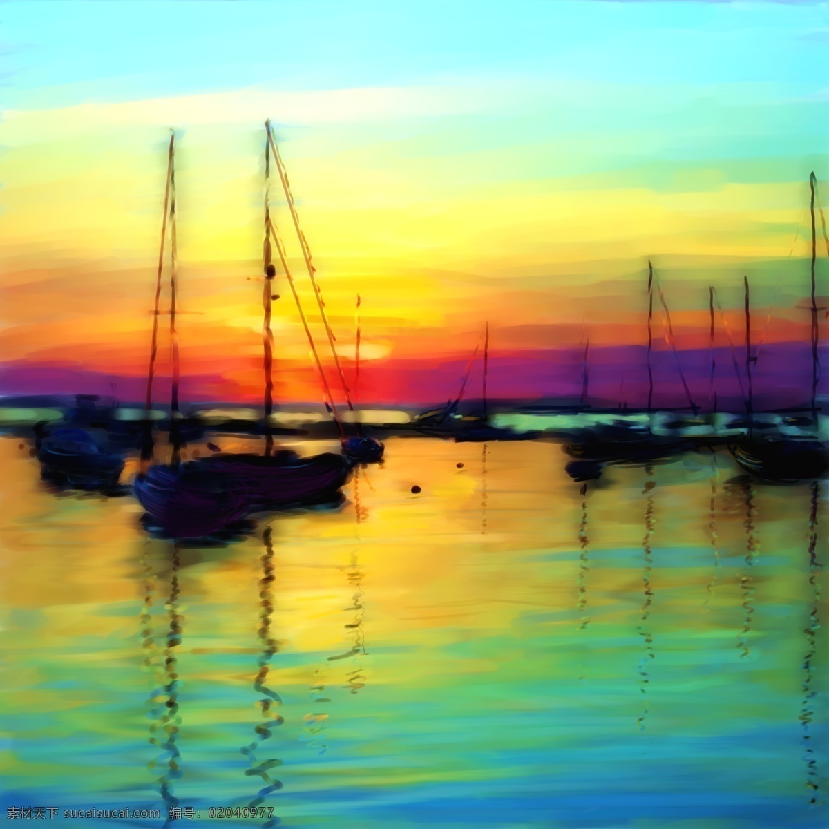 海上 日落 帆船 绘画书法 设计图库 手绘 文化艺术 夕阳 油画 上日落 电脑绘画 家居装饰素材