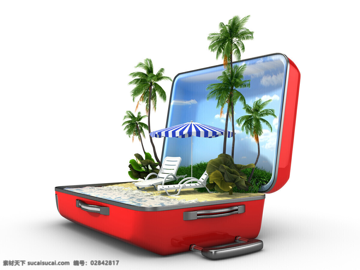 红色 旅游 箱 里 椰树 旅游箱 箱子 行里箱 太阳伞 沙滩 大海 太阳椅 其他类别 生活百科