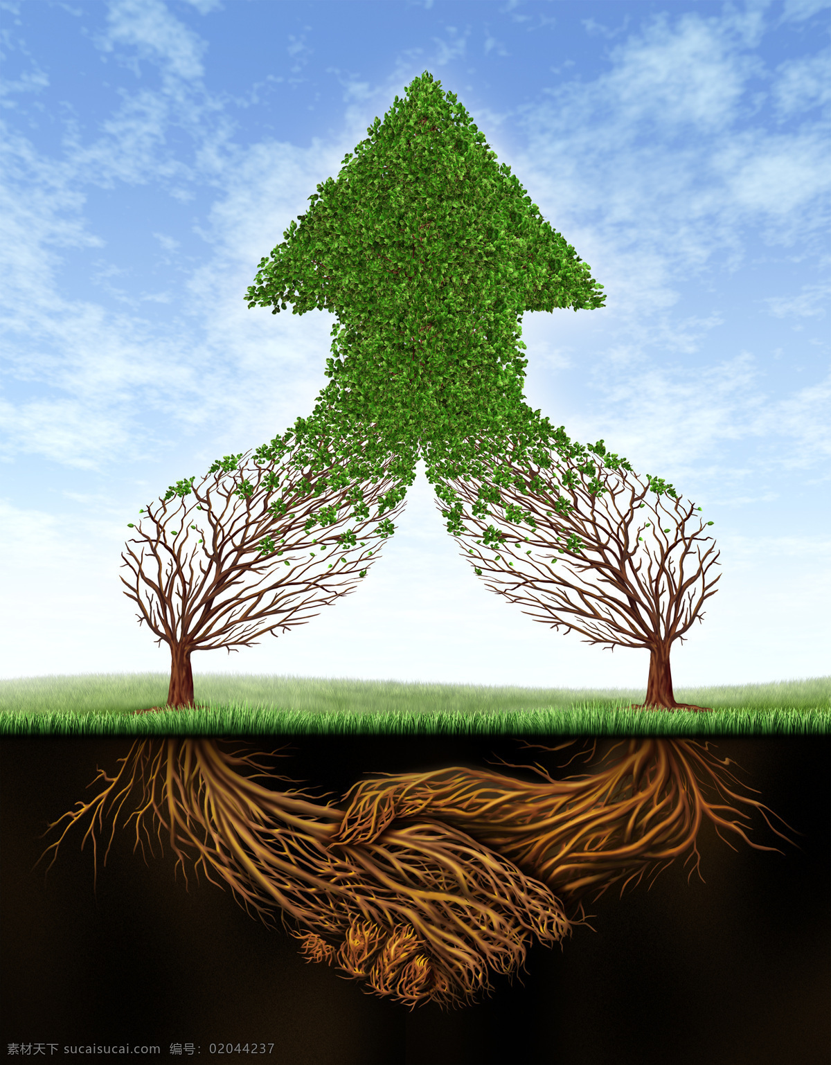 两 棵 树 汇成 绿色 箭头 树木 树根 握手 合作 草地 树叶 现代商务 商务科技 创意图片 其他类别 商务金融