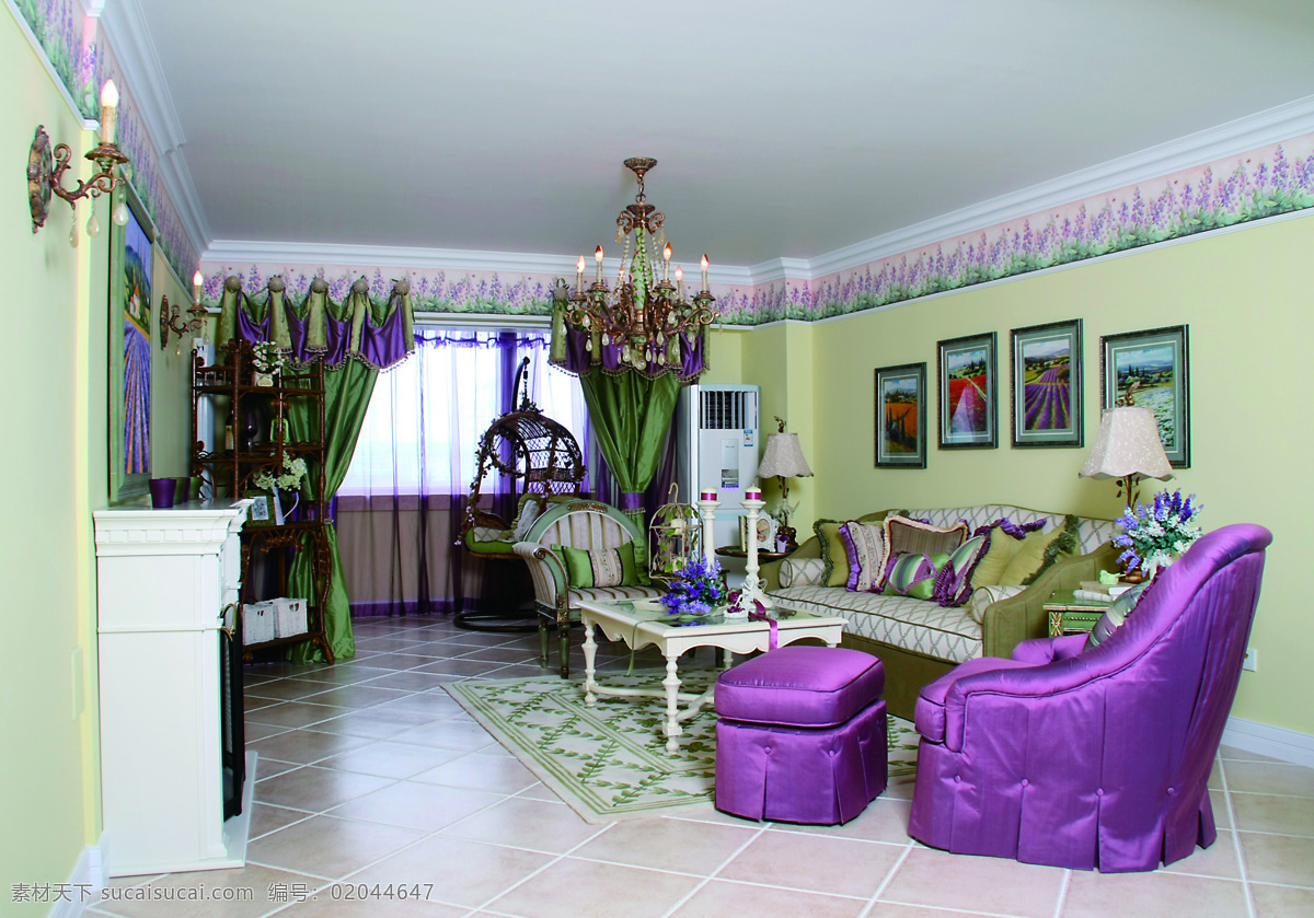 简约 客厅 花色 窗帘 装修 效果图 壁画 长方形茶几 储物柜 方形吊顶 紫色沙发