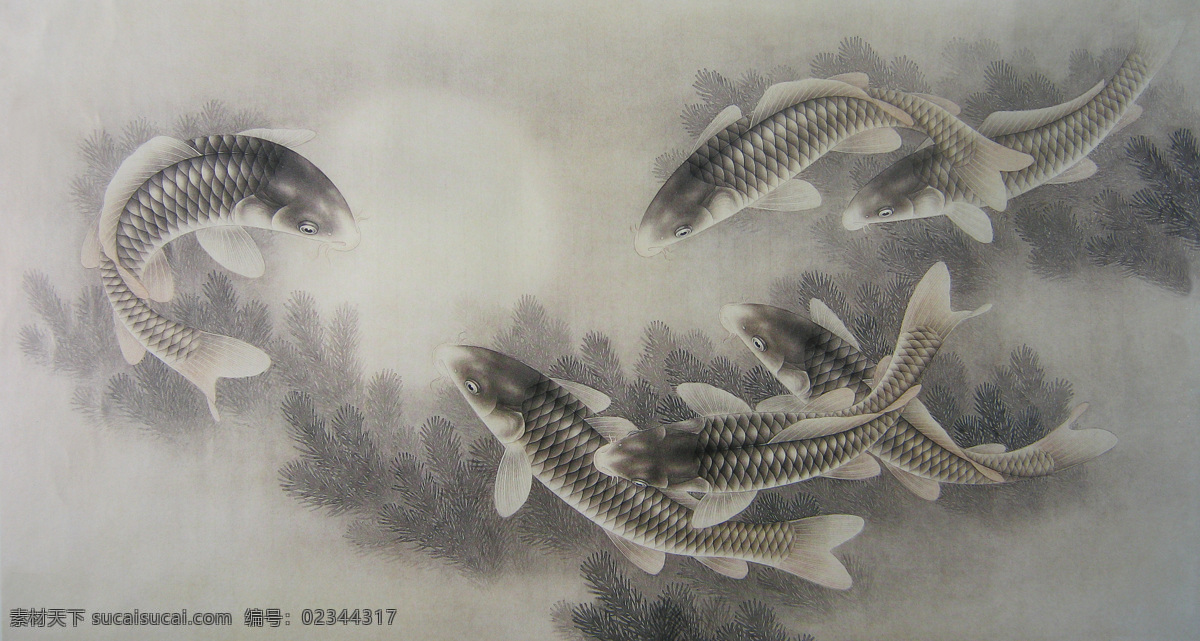 工笔鲤鱼 工笔画 高清 鲤鱼 水草 月亮 绘画书法 文化艺术