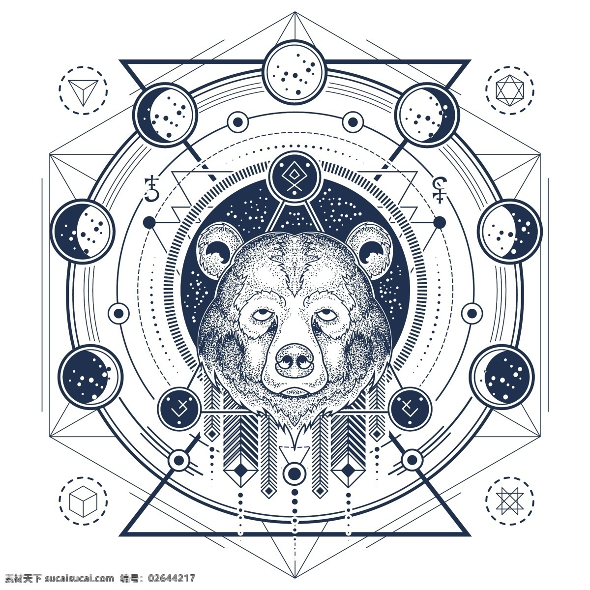 熊 头 月相 几何 纹身 矢量 图示 图案 抽象 图标 装饰 人物 动物 t恤 天空 三角形 几何图案 艺术 黑色 月亮 图形 衬衫