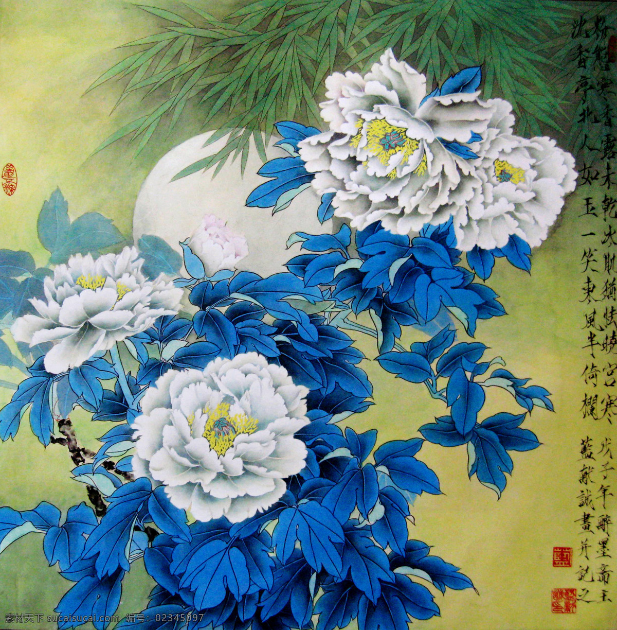 月色生香 美术 绘画 中国画 工笔画重彩画 牡丹画 牡丹花 竹子 月亮 国画艺术 国画集53 绘画书法 文化艺术