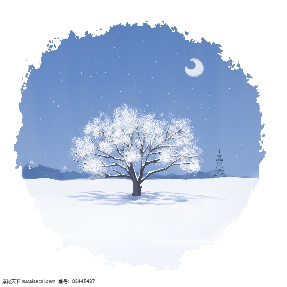 冬季 雪景 夜晚 树木 手绘 风 月亮 手绘风 远山