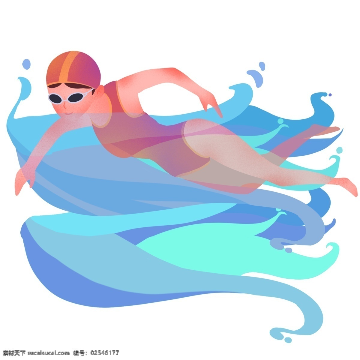 游泳 健身 小女孩 运动健身插画 游泳健身 健身的小女孩 黄色的泳帽 蓝色的海水 卡通人物