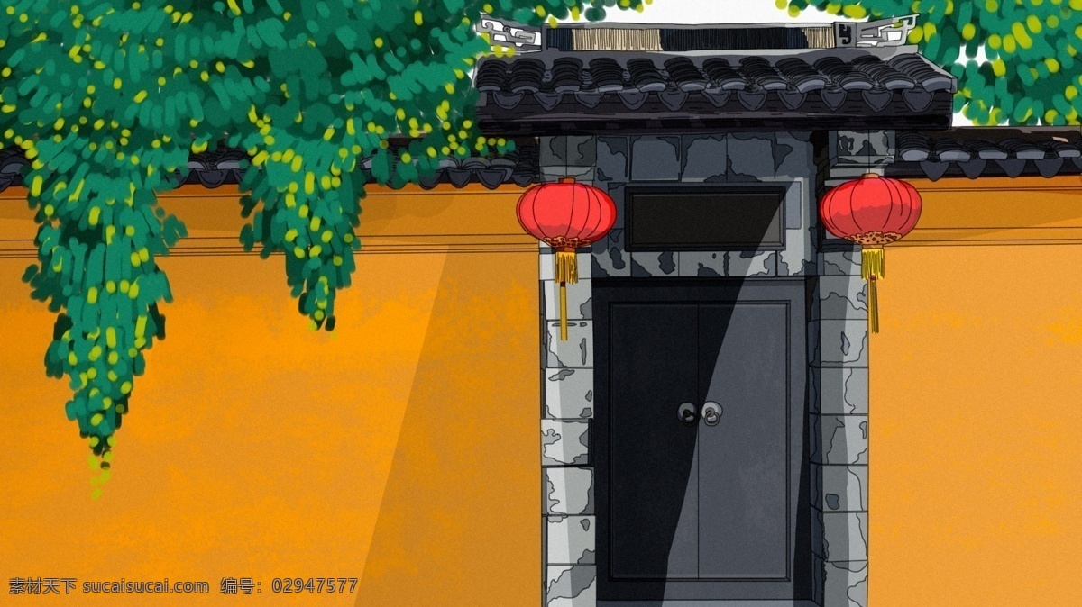 原创 中国 风 复古 建筑 小院 手绘 插画 中国风 复古建筑 门口 植物 院子 大门 院门