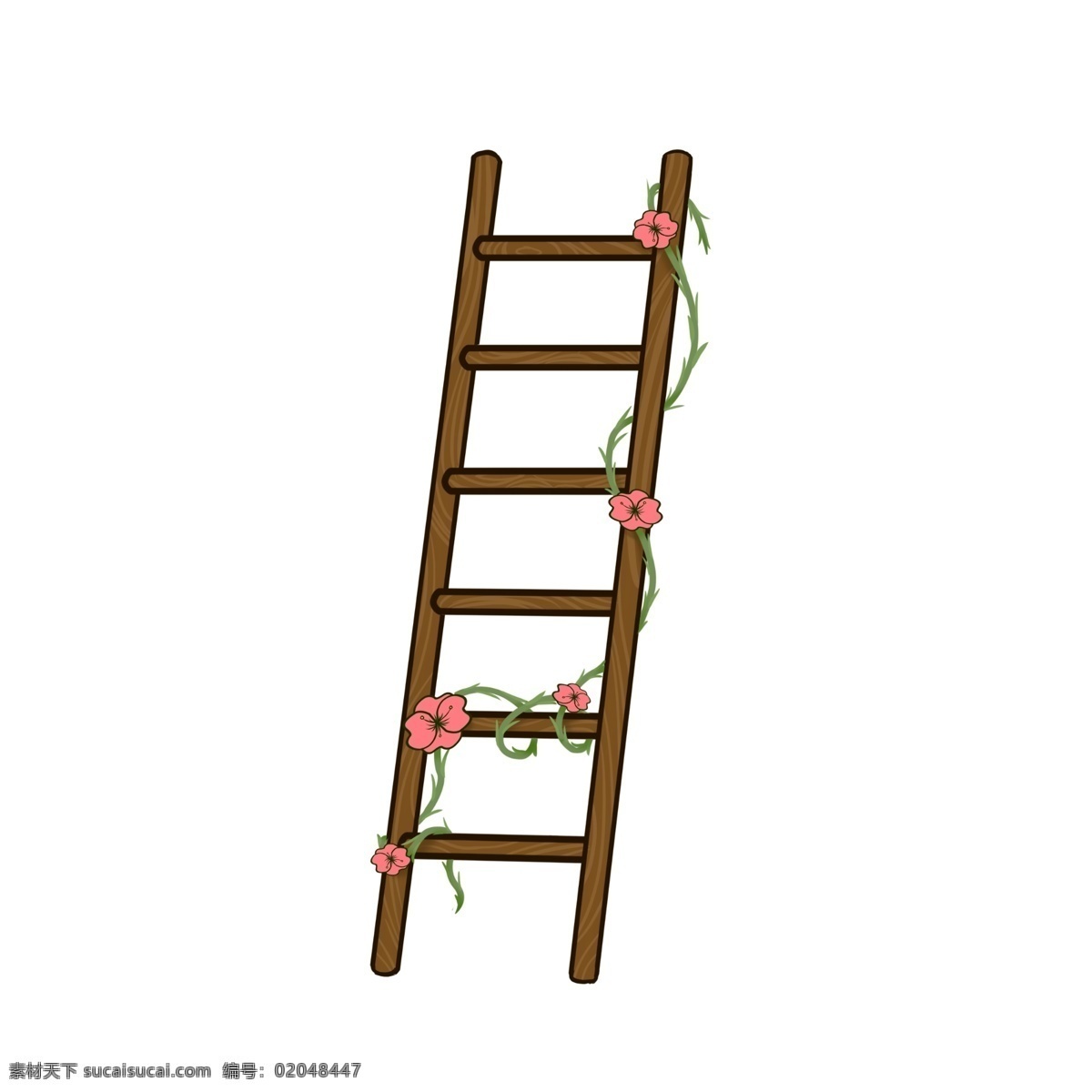 棕色 立体 插图 生活用品 简约立体 棕色楼梯 缠绕的植物 红色花瓣 立体花藤 花藤插画 攀爬工具