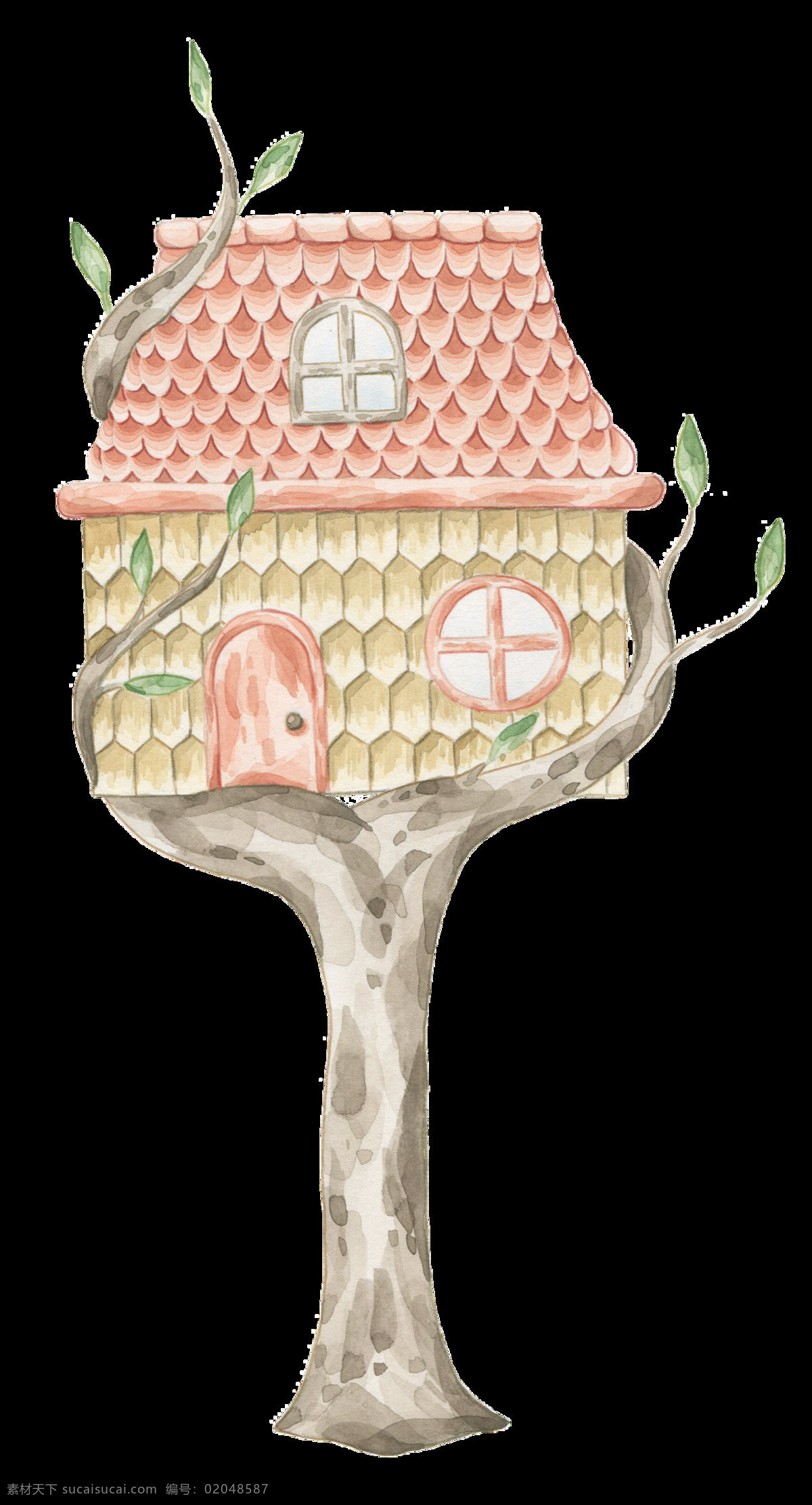 清新 手绘 树 屋 插画 装饰 图案 数目 房子 树屋 门窗 叶子