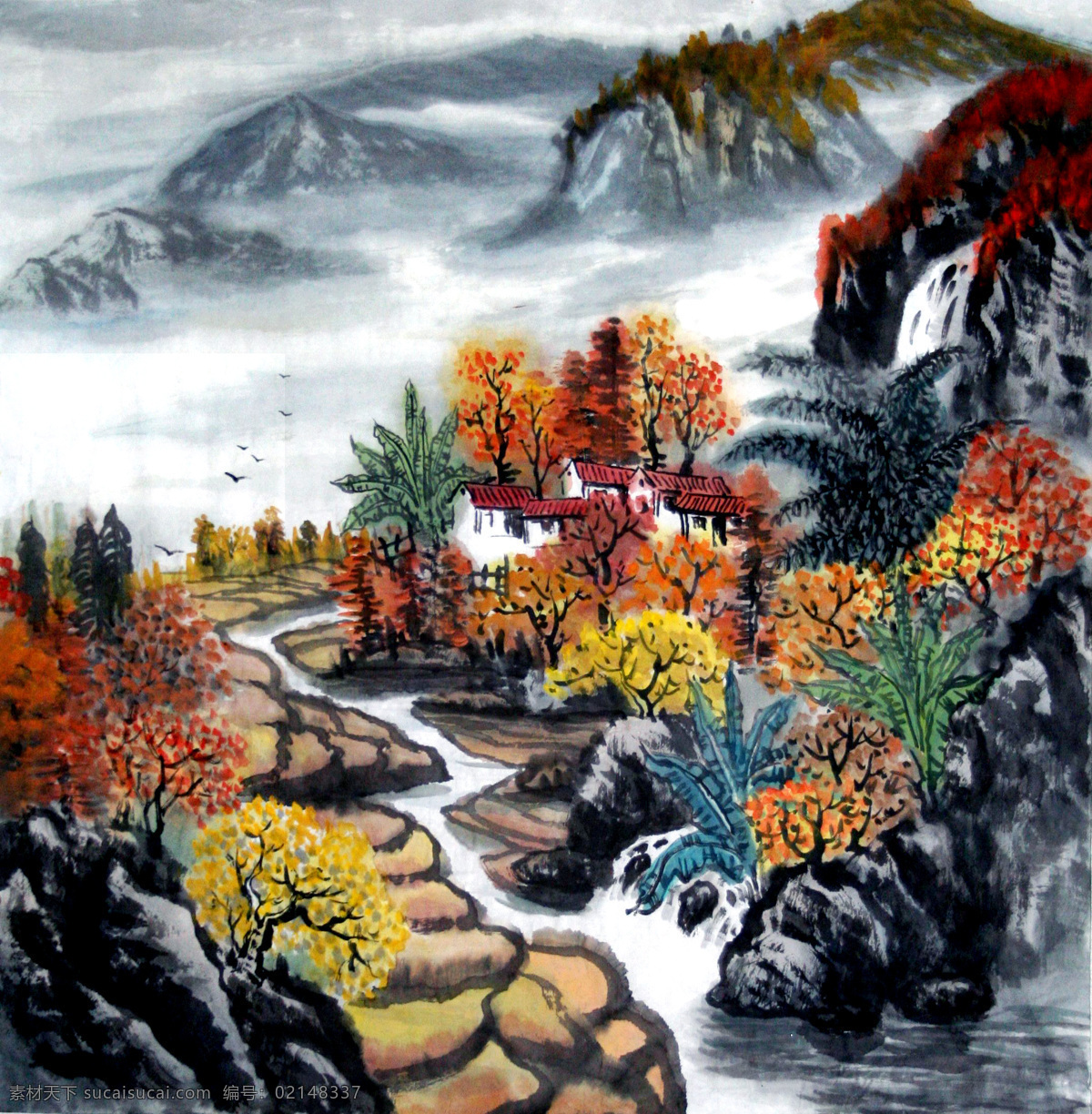 村落 房屋 国画艺术 绘画 绘画书法 美术 农家 瀑布 大山深处 中国画 水墨画 山水画 山岭 山峰 树木 红树 秋天 小溪 云雾 书法 印章 山水 专辑 文化艺术 装饰素材 雕刻 图案