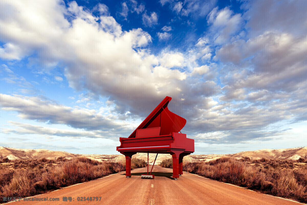 蓝天 下 红色 钢琴 乐器 音乐器材 蓝天白云 影音娱乐 生活百科