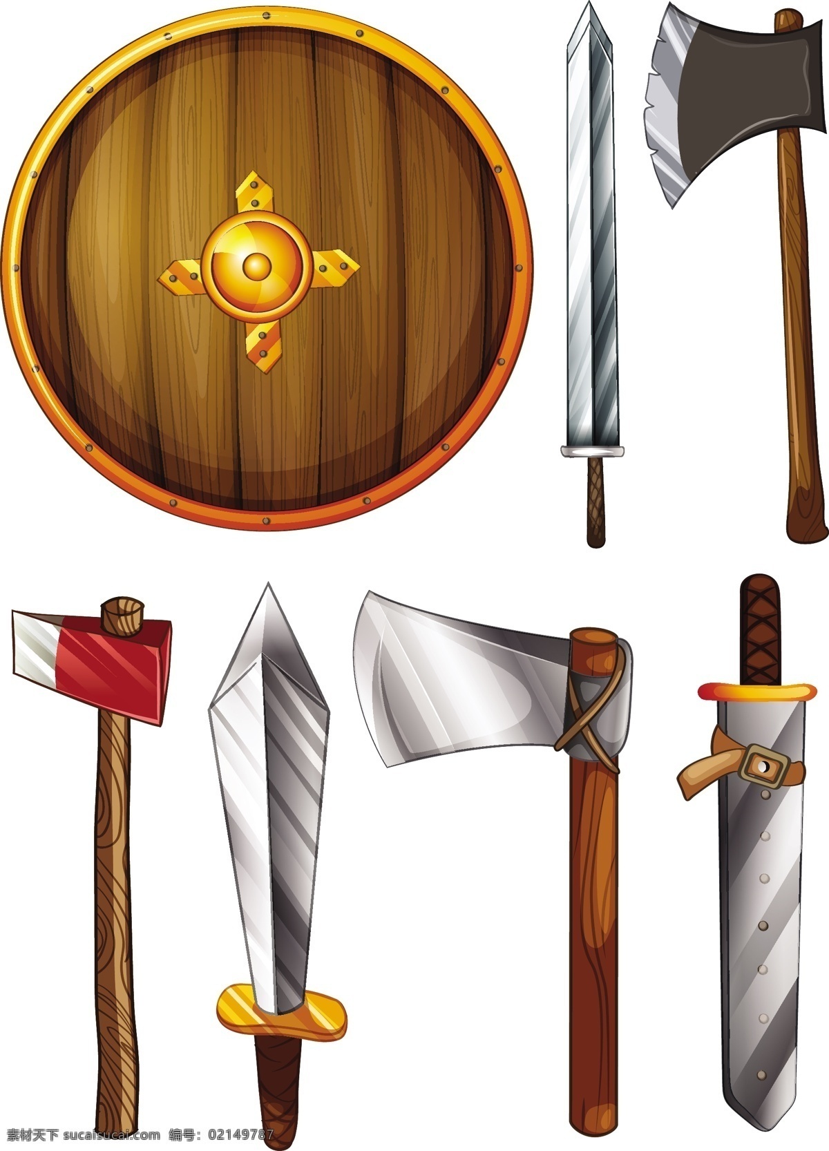 白色背景下盾 剑 斧的插图 背景 模板 盾牌 绘画 白色 插图 木制 战争 刀剑 斧子