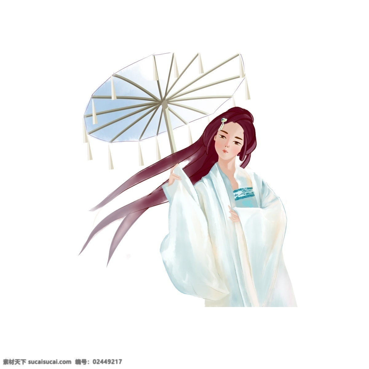 伞 下 白衣 古装 女子 卡通 元素 美丽 汉服 花伞